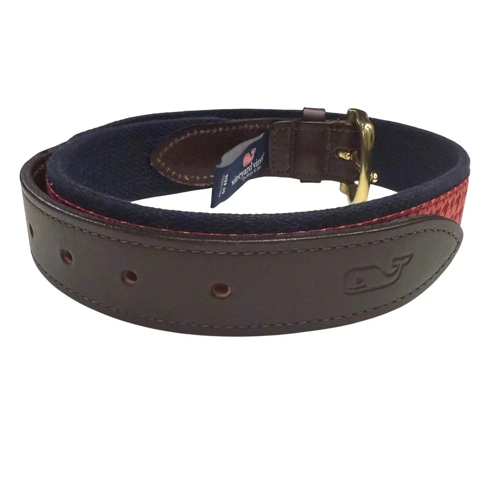 Vineyard Vines Saratoga Race Course Belt Mens 30 Red Houndstooth Canvas Leather